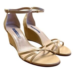Stuart Weitzman Estarla Nude Leather Wedge Ankle‎ Strap Sandals Sz 7 Low Heel